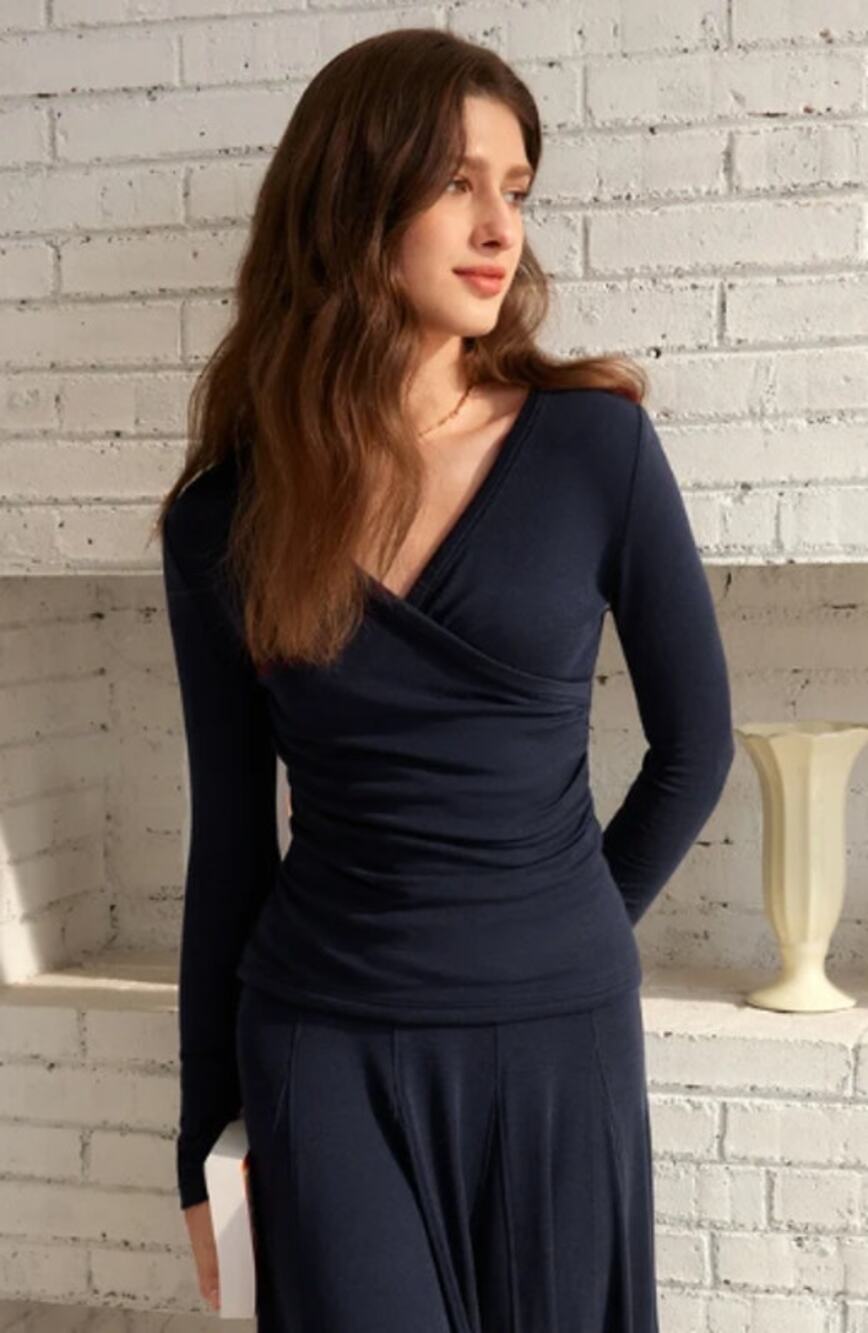 OGL Surplice Top Eco-MiYaMoon Ruched Long Sleeve Navy Blue Size Small NEW